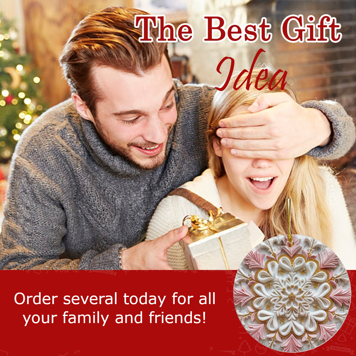 Pink Holiday Design Round Ceramic Christmas Ornament