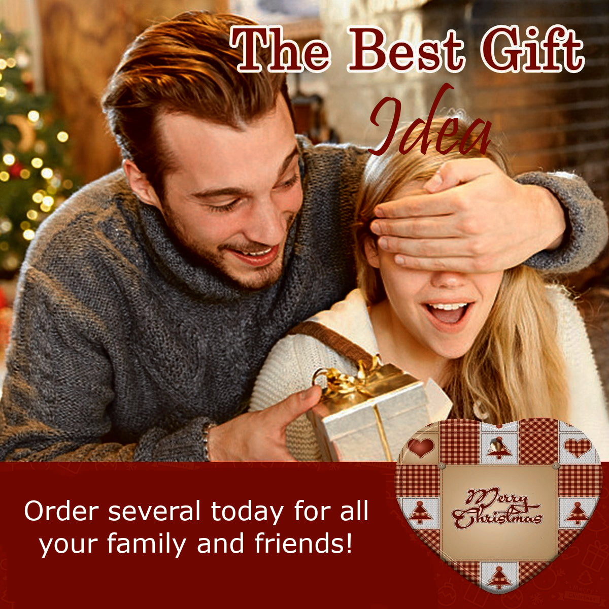 Red Patchwork Merry Christmas Pattern Heart Shaped Ceramic Ornament