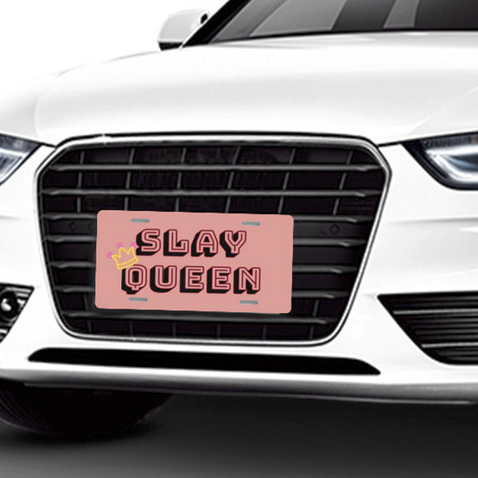Slay Queen with Neon Crown Pink Aluminum License Plate Auto Accessory