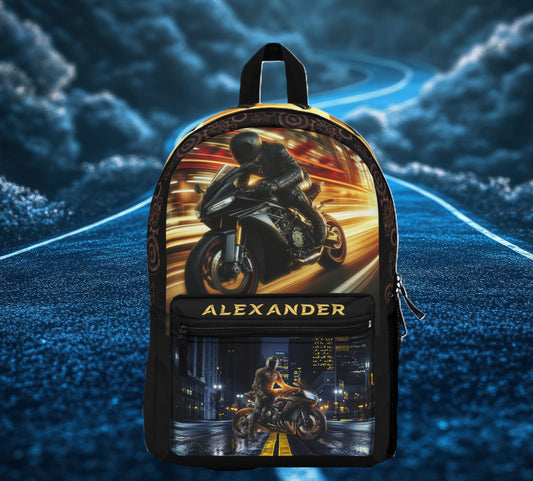 Speeding Motorcycle Rider Backpack | Custom Name Travel Bag