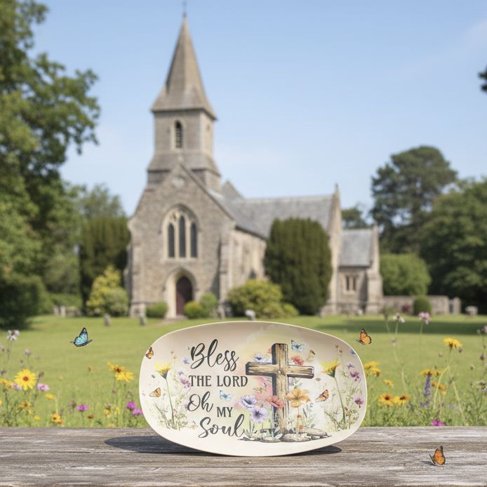A decorative serving  platter with a cross and the words 'Bless the Lord Oh my Soul' sits on a wooden picnic table in a grassy field, with a church and trees in the background.