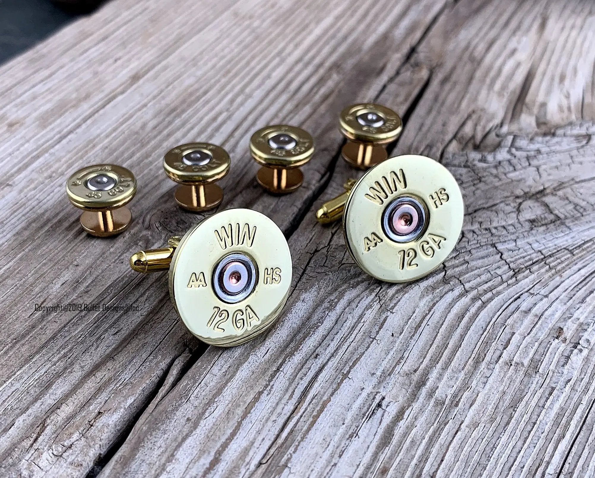 Bullet Tuxedo Studs and Shotgun Cufflinks set BRASS, 12 or 20 Gauge Shotgun Shell Cufflinks, Bullet Tuxedo Studs, Wedding, Groom, Groomsmen