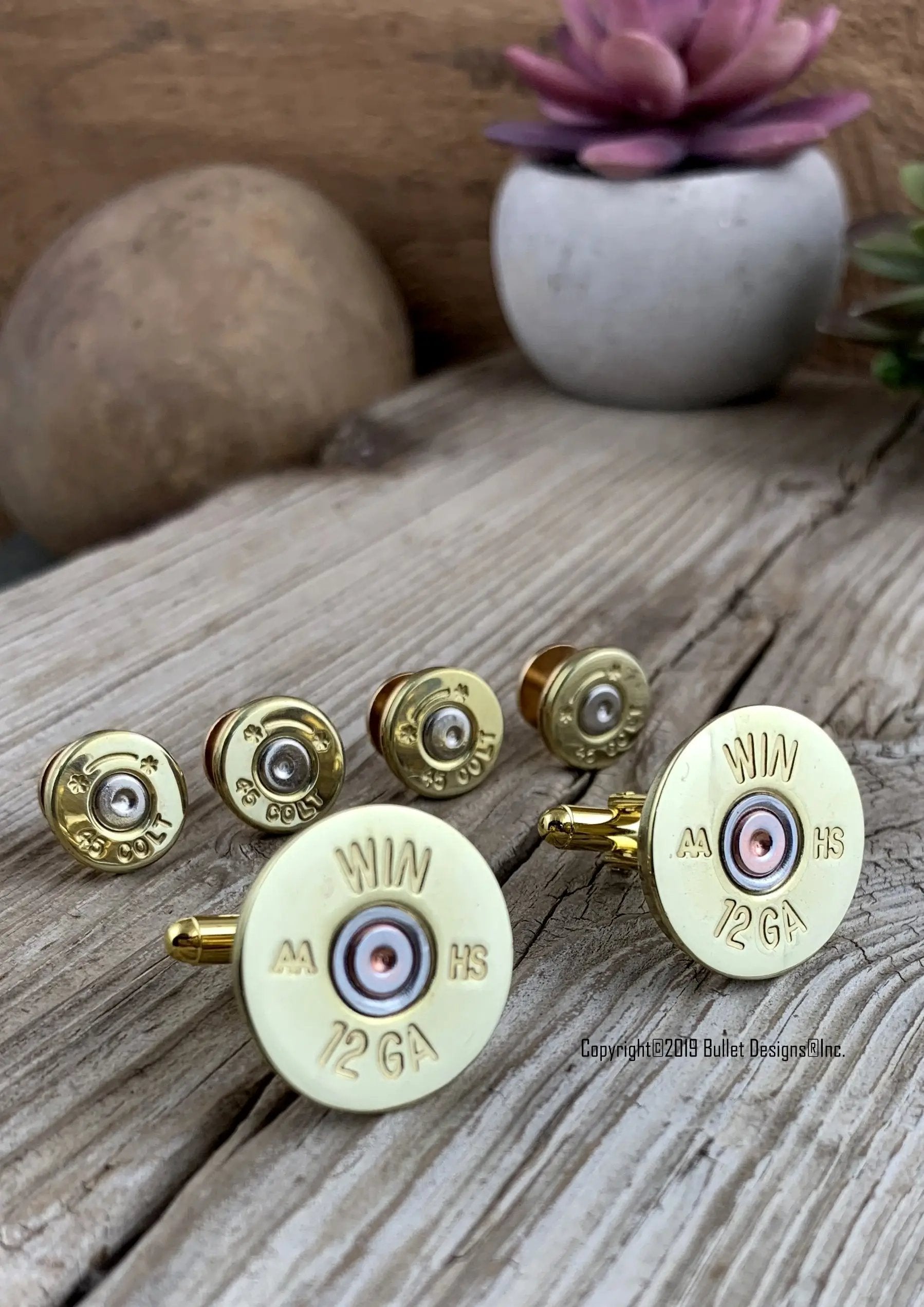Bullet Tuxedo Studs and Shotgun Cufflinks set BRASS, 12 or 20 Gauge Shotgun Shell Cufflinks, Bullet Tuxedo Studs, Wedding, Groom, Groomsmen