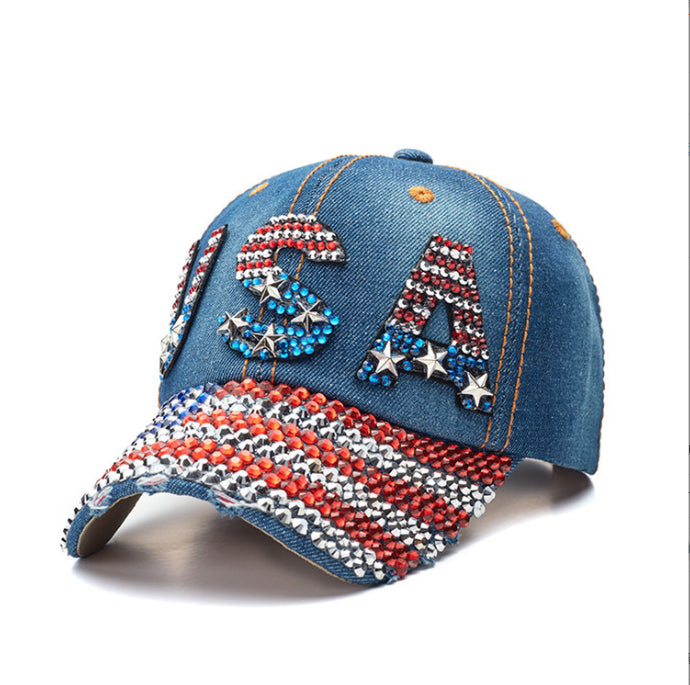 USA Rhinestone Denim Distressed Baseball Cap Hat