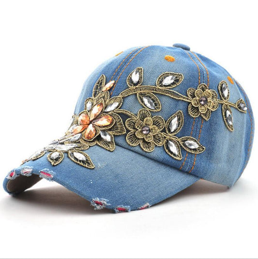 Cowgirl's Diamond Embroidery Flower Baseball Cap