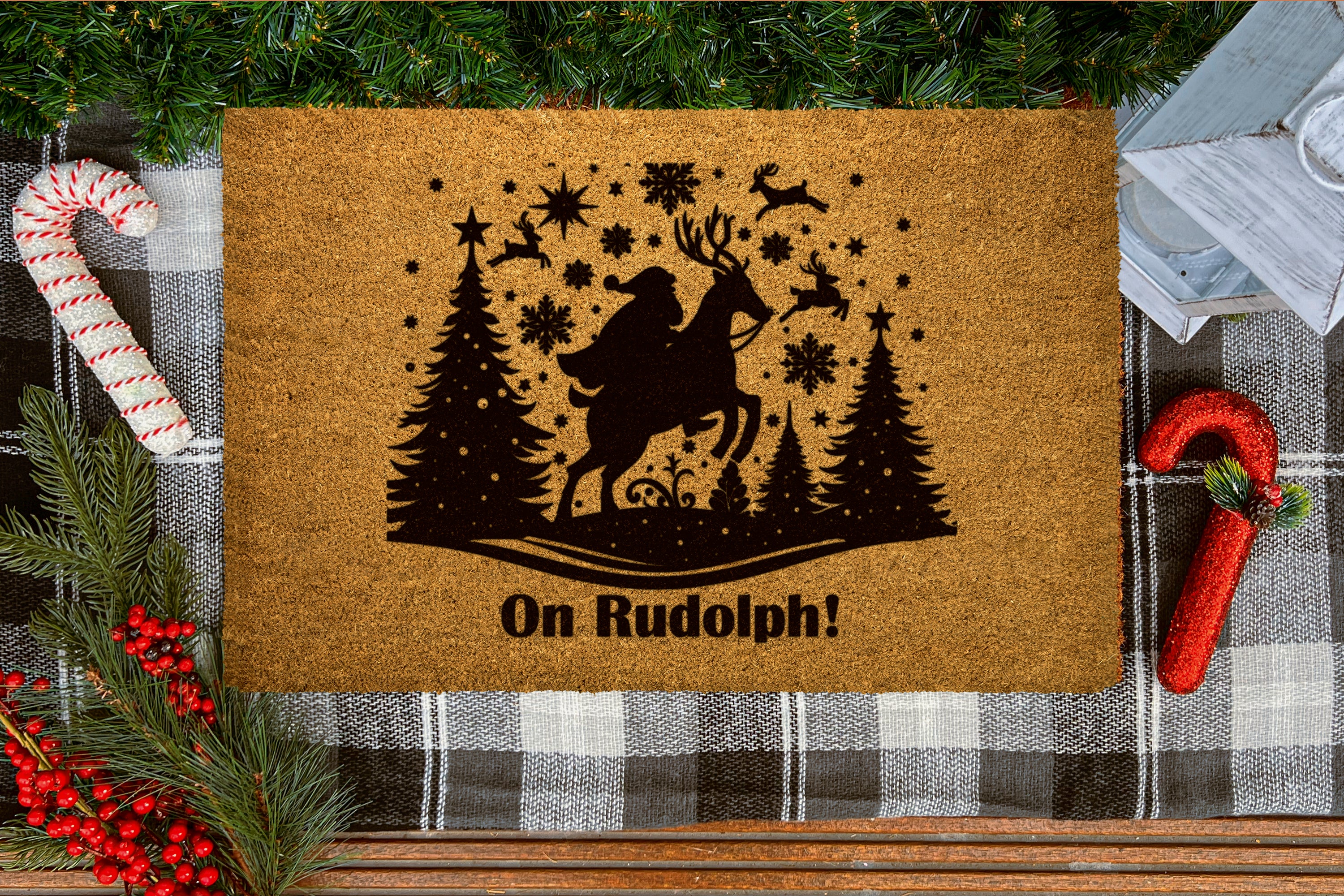 On Rudolph! Christmas Outdoor Bristle Doormat