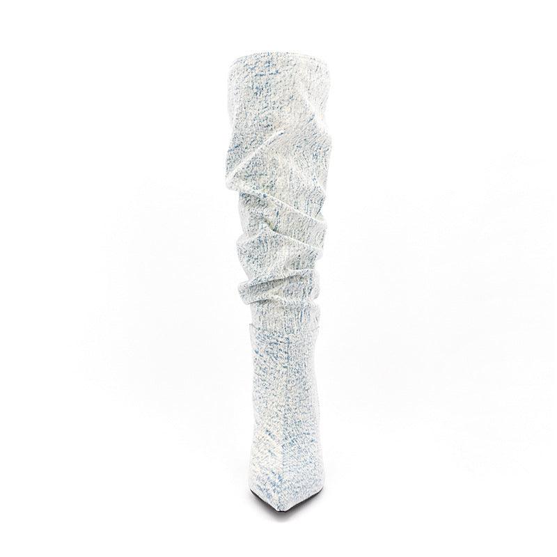 White Denim High Heel Tall Boots