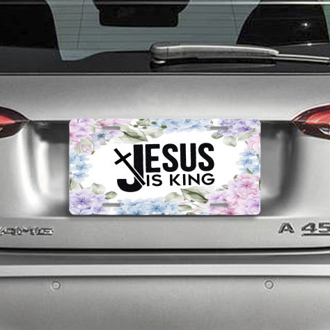 Jesus Is King Floral Border Aluminum License Plate Auto Accessory