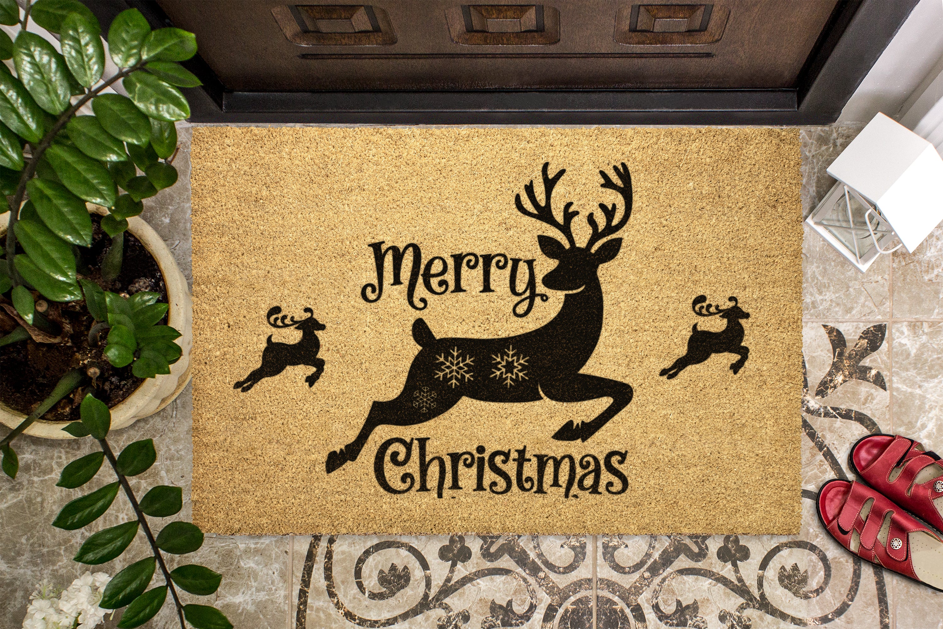 Merry Christmas Deers Outdoor Bristle Doormat
