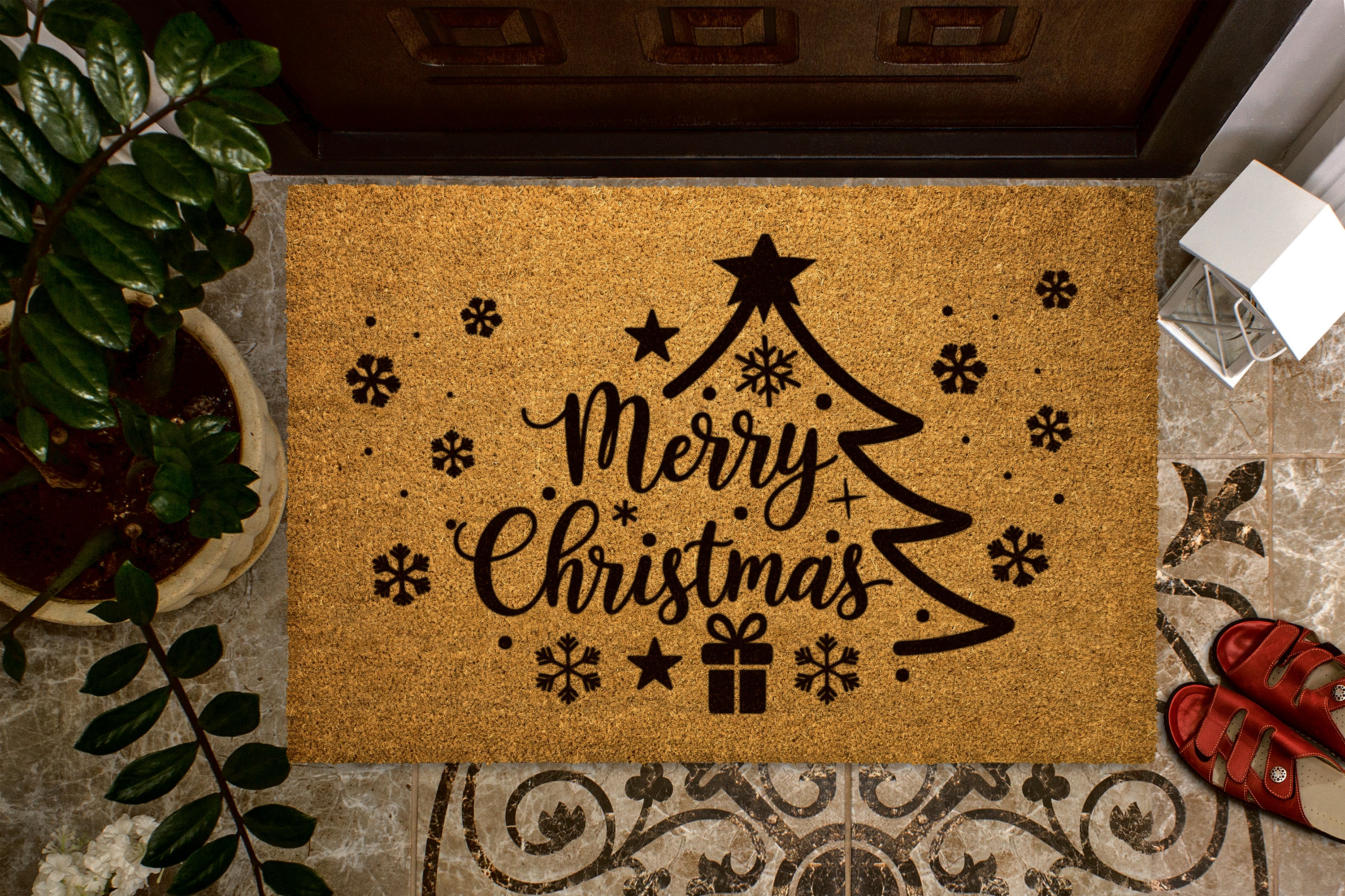 Merry Christmas Tree Outdoor Bristle Doormat