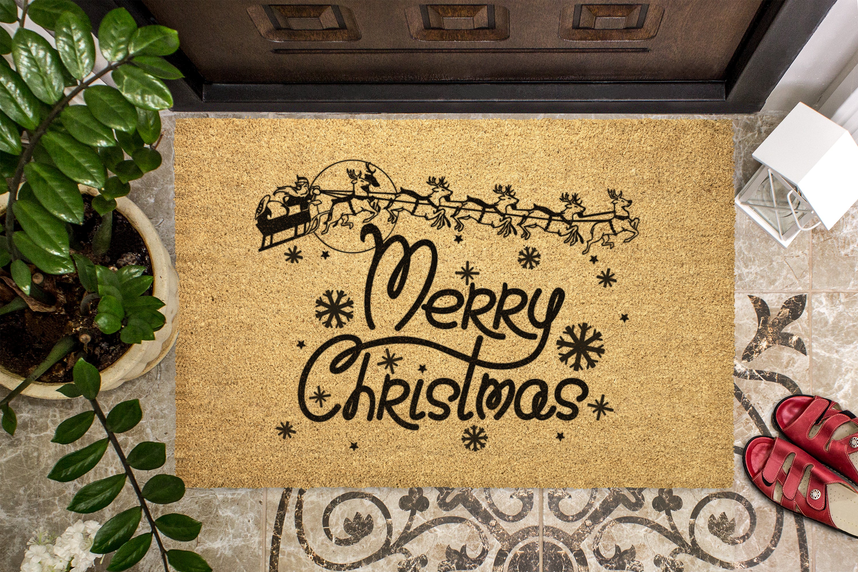 Merry Christmas Santa Reindeers Outdoor Bristle Doormat