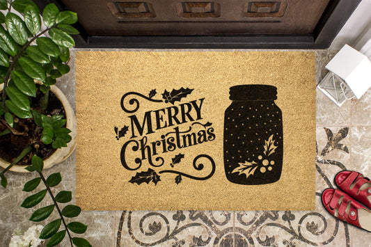 Merry Christmas Mason Jar Outdoor Bristle Doormat