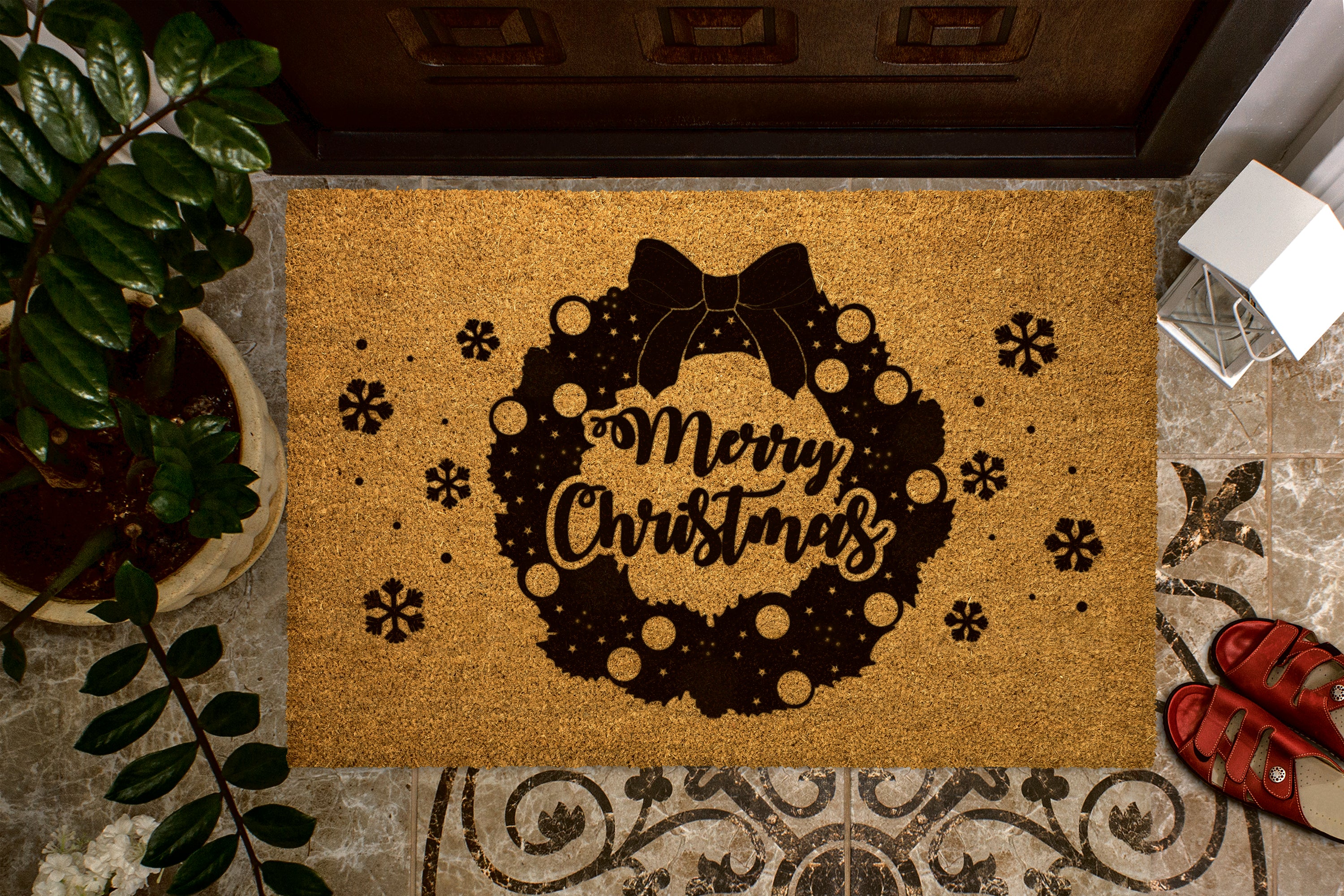 Merry Christmas Wreath Outdoor Bristle Doormat