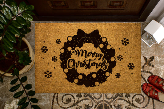 Merry Christmas Wreath Outdoor Bristle Doormat