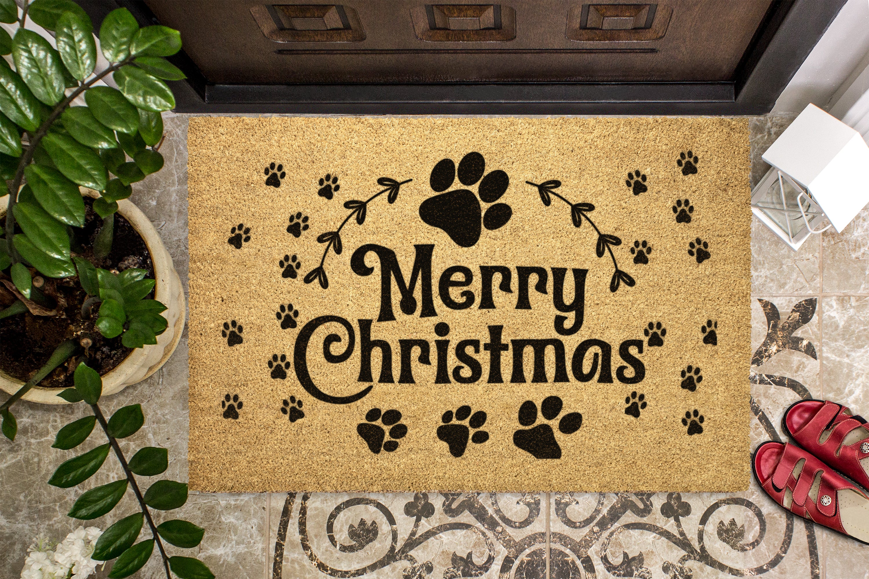 Merry Christmas Pawprint Outdoor Bristle Door Mat