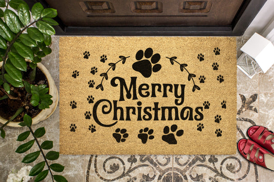 Merry Christmas Pawprint Outdoor Bristle Door Mat