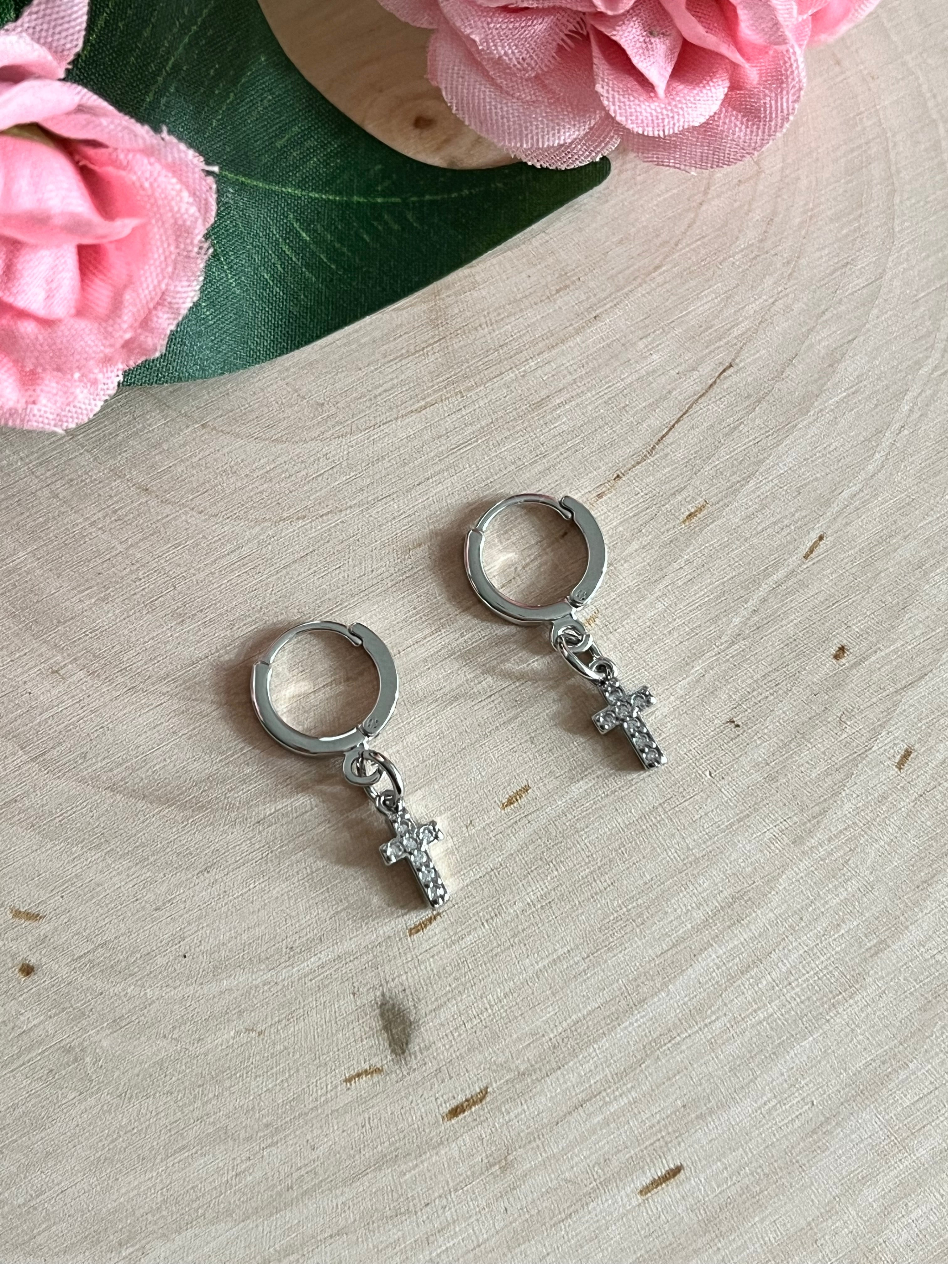 Silver Cross Huggie Earrings