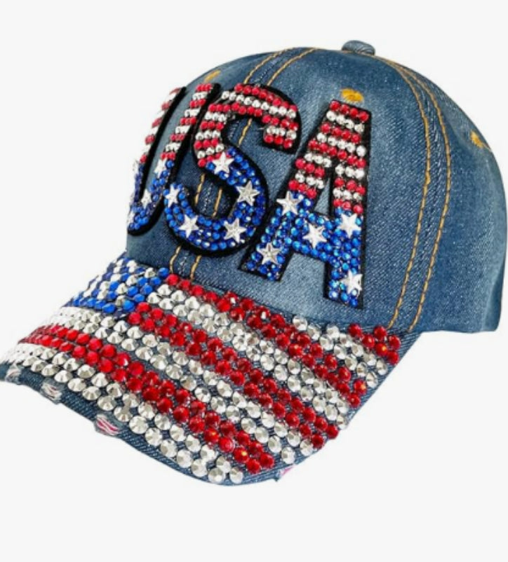 USA Rhinestone Denim Distressed Baseball Cap Hat