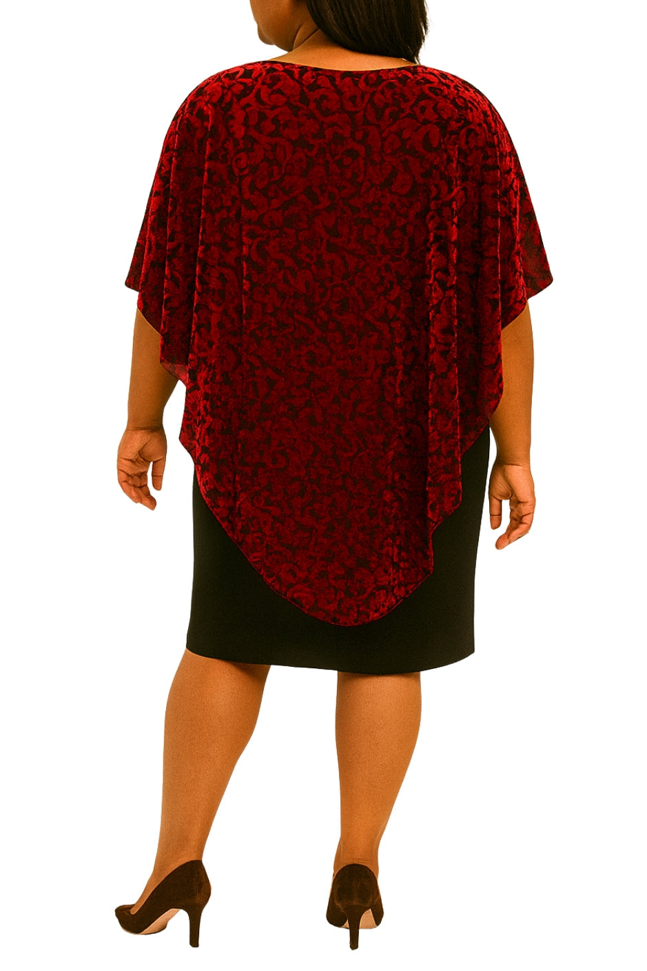 Glamour Nights Red Black Burnout Velvet Capelet Overlay with Black Sheath Knee-Length Skirt Dress (Plus Size)