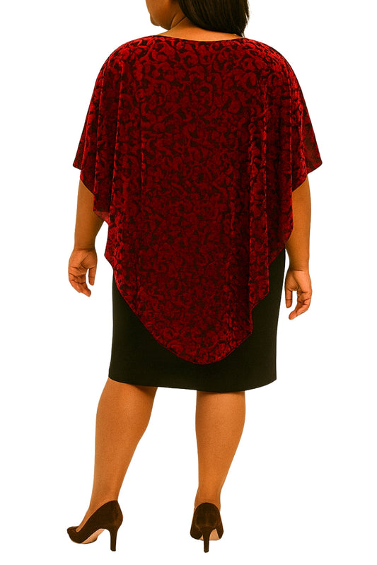 Glamour Nights Red Black Burnout Velvet Capelet Overlay with Black Sheath Knee-Length Skirt Dress (Plus Size)
