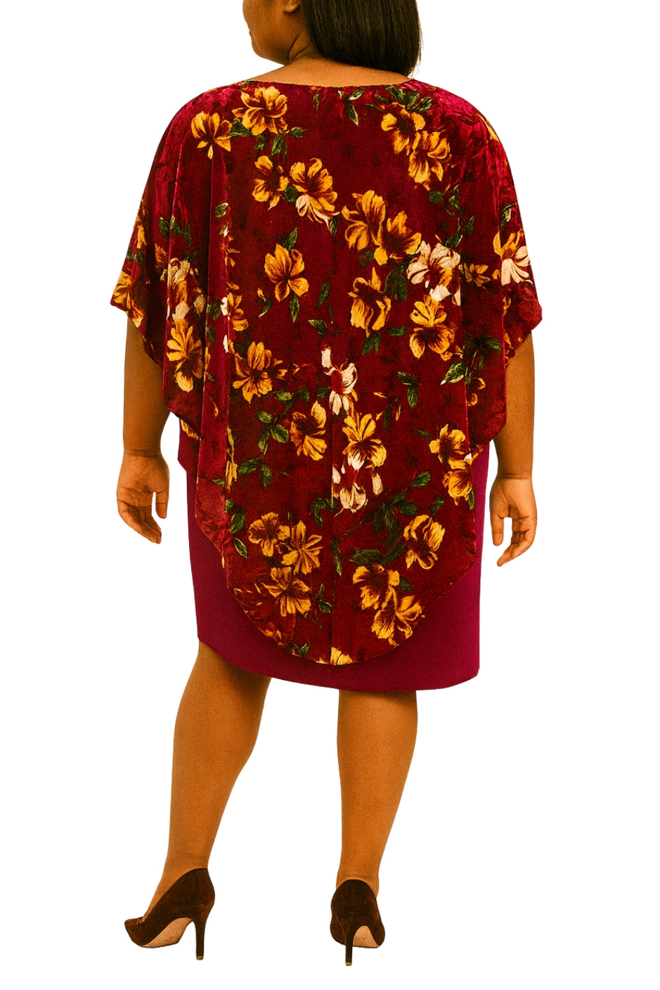 Glamour Nights Floral Velvet Boat Neckline Capelet Overlay with Sheath Knee-Length Skirt Dress (Plus Size)
