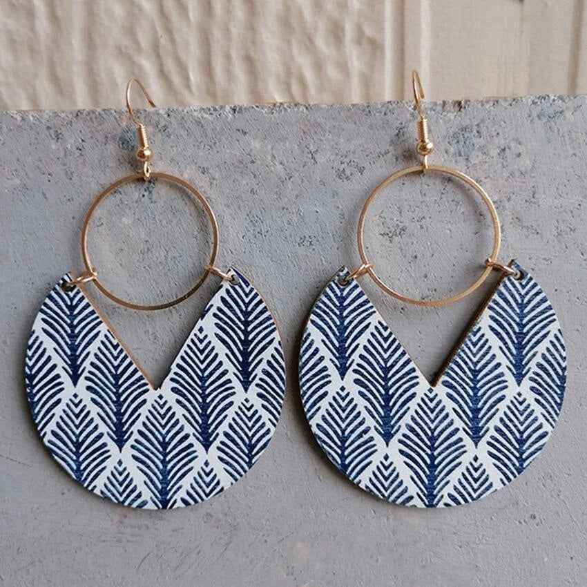 Geometric Pattern Circle Wood Earrings