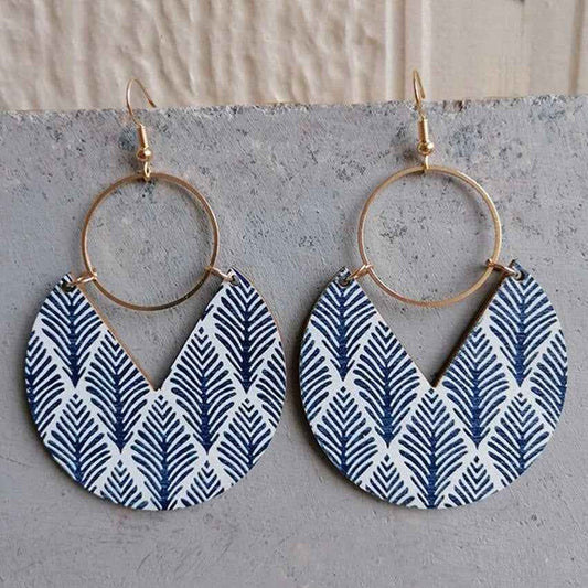 Geometric Pattern Circle Wood Earrings