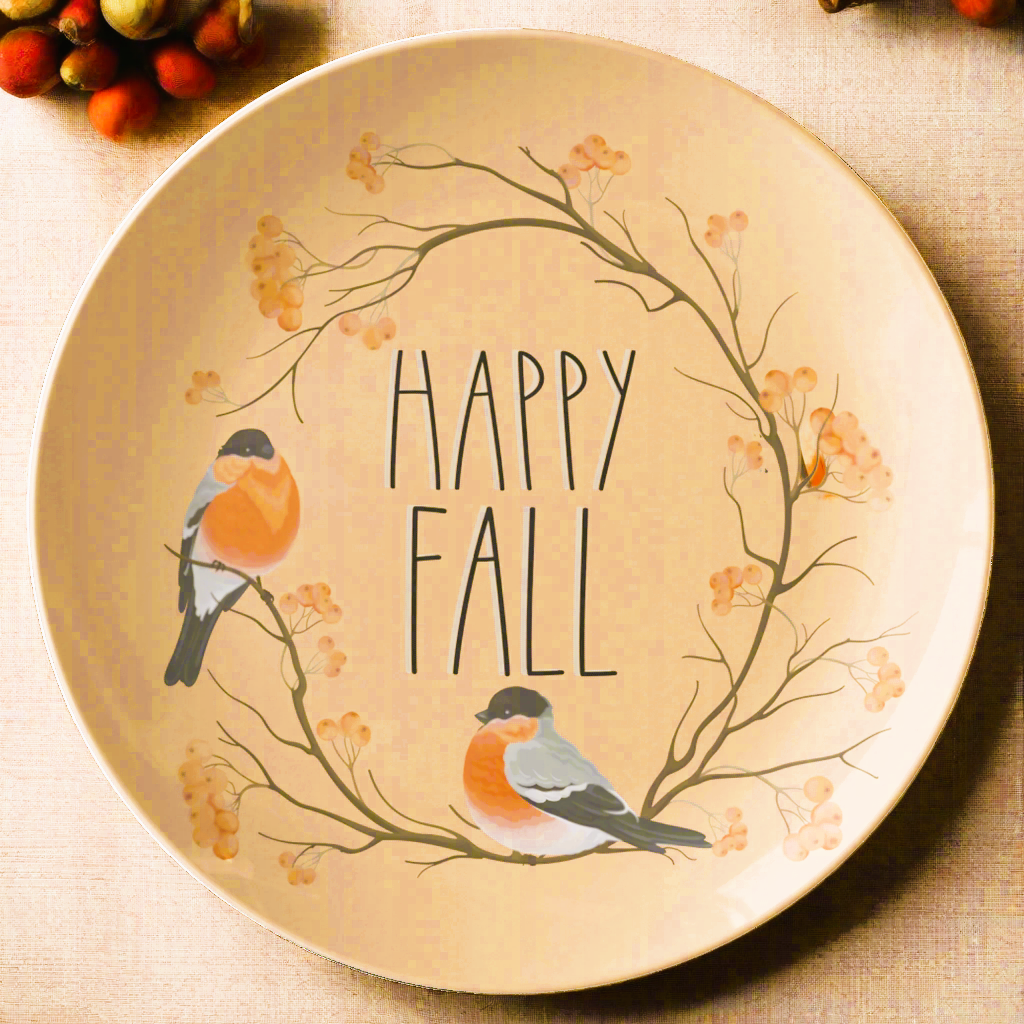 Happy Fall 10 inch Serving Plate with Orange Birds and Branches