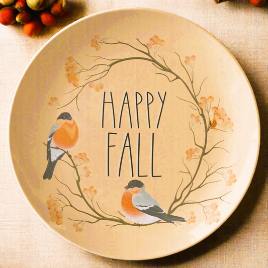 Happy Fall 10 inch Serving Plate with Orange Birds and Branches