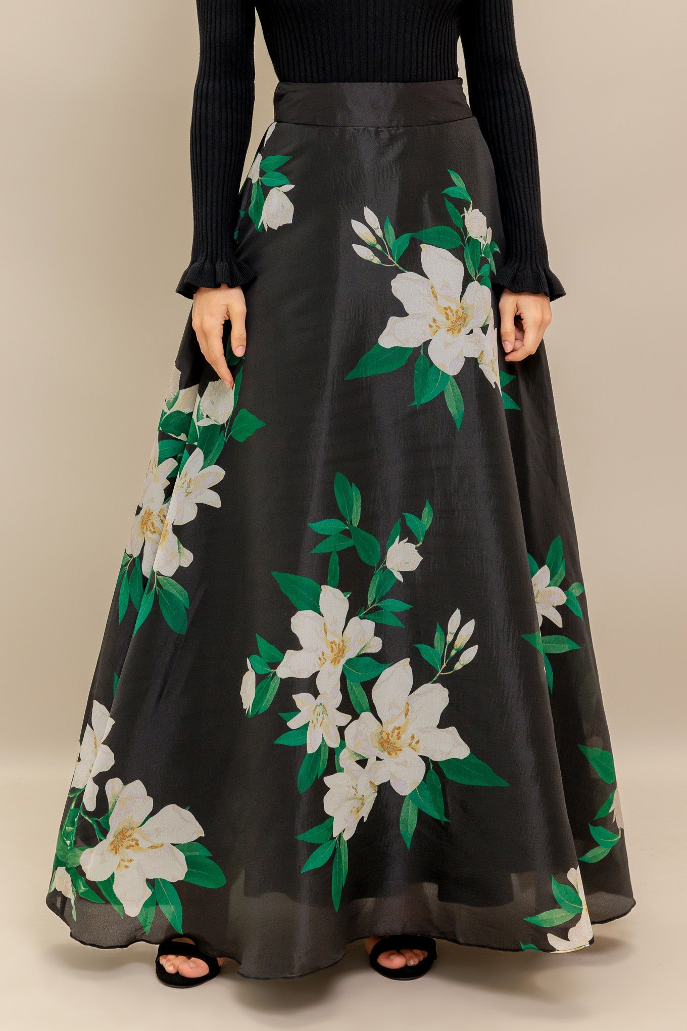 Black Elegant Wildflower Woven Maxi Skirt