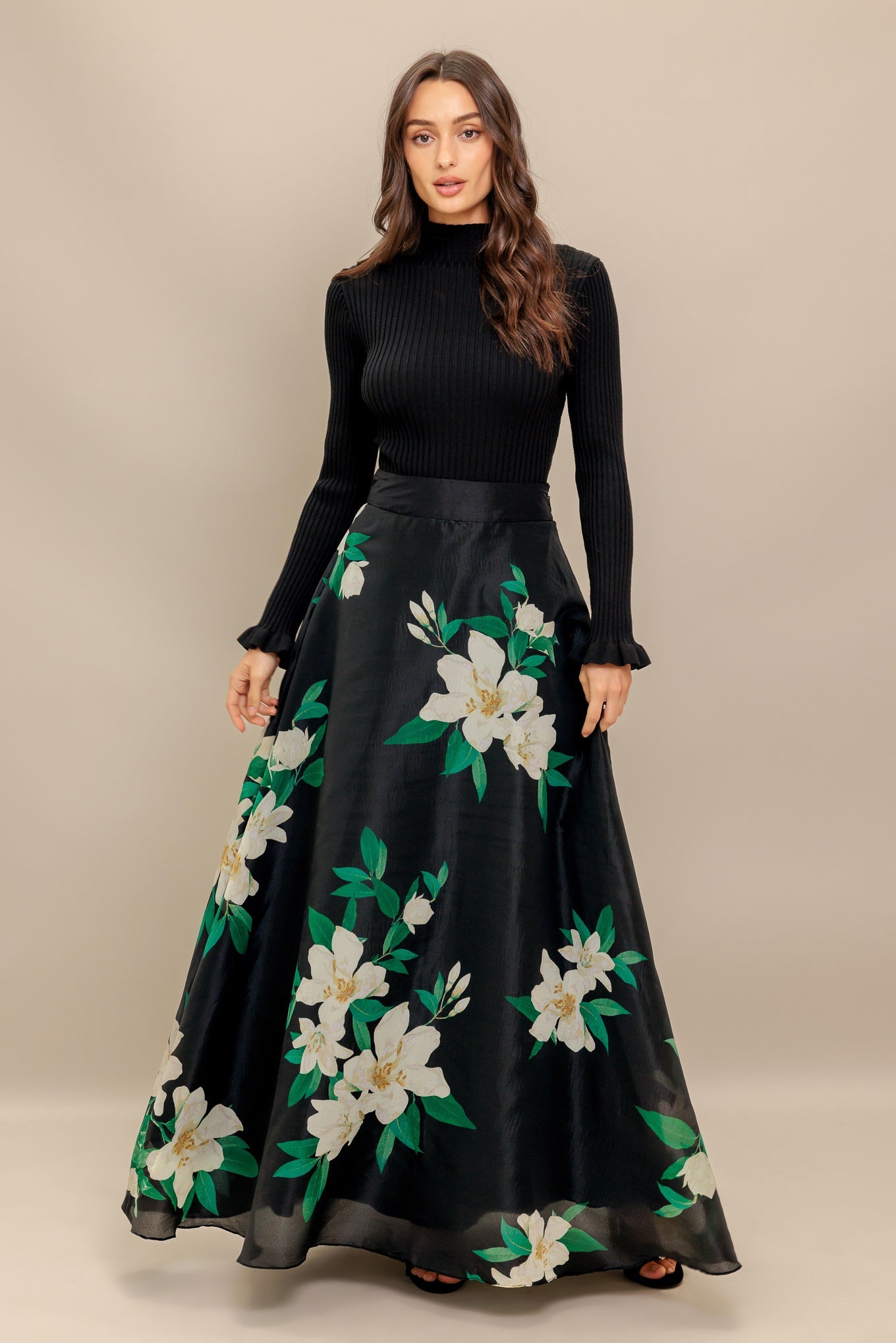 Black Elegant Wildflower Woven Maxi Skirt