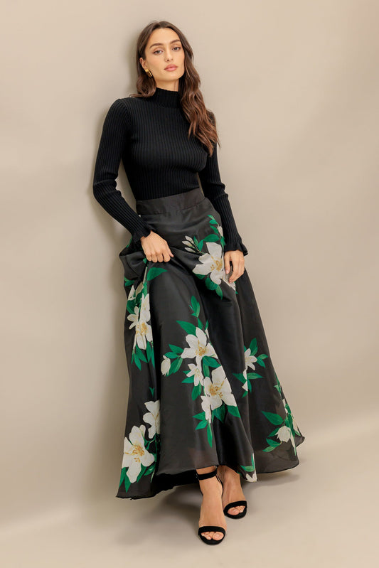 Black Elegant Wildflower Woven Maxi Skirt