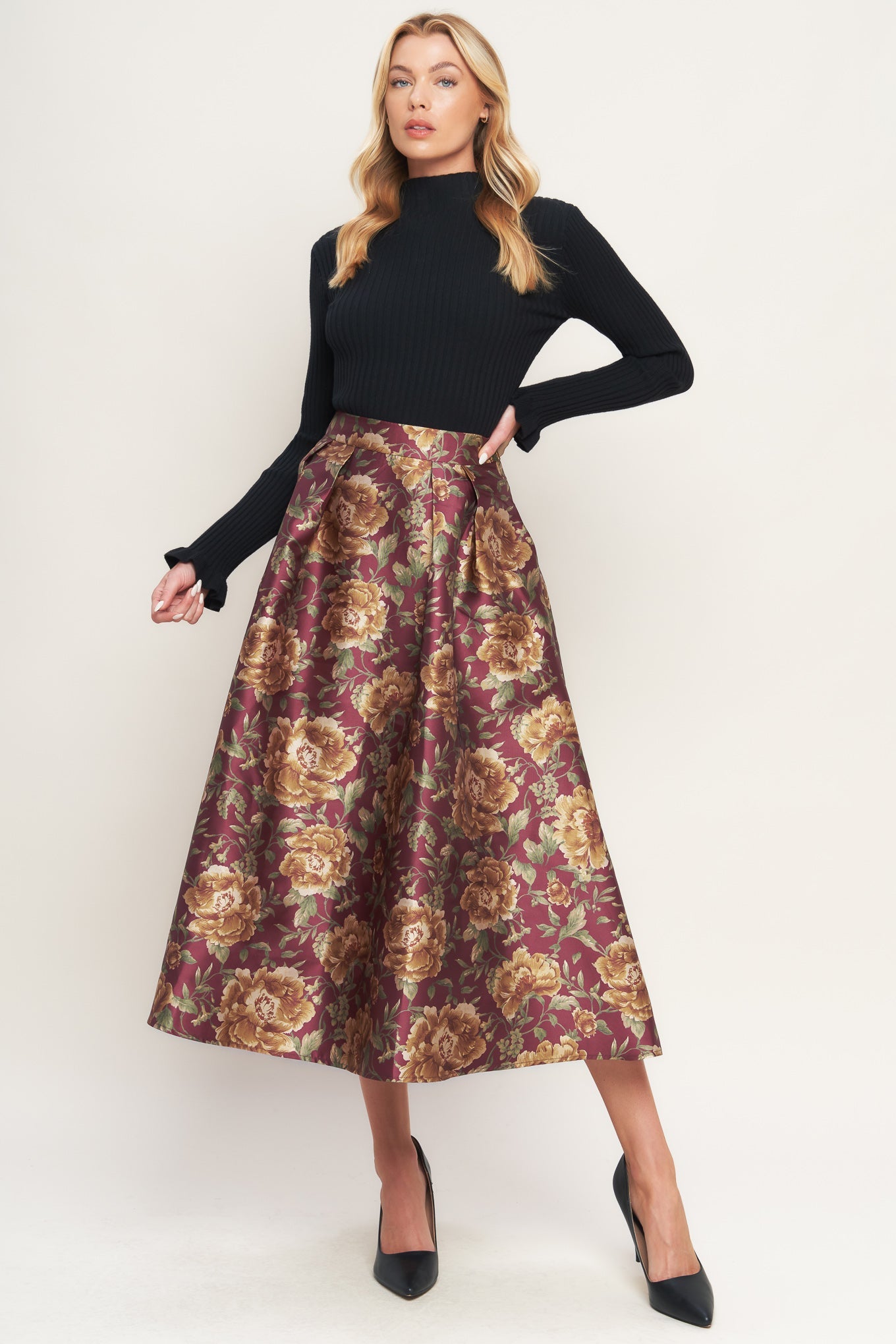 Evening Botanicals Woven Full Midi Skirt