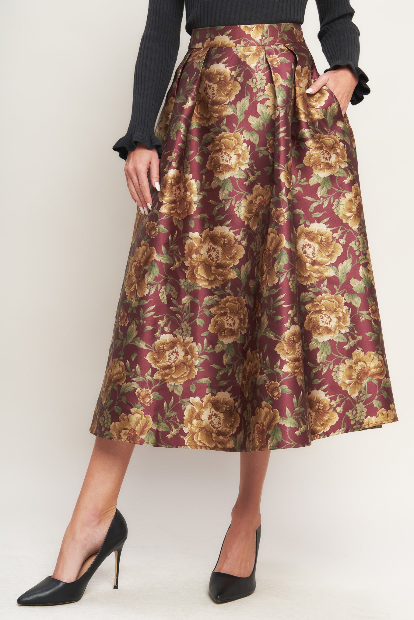 Evening Botanicals Woven Full Midi Skirt