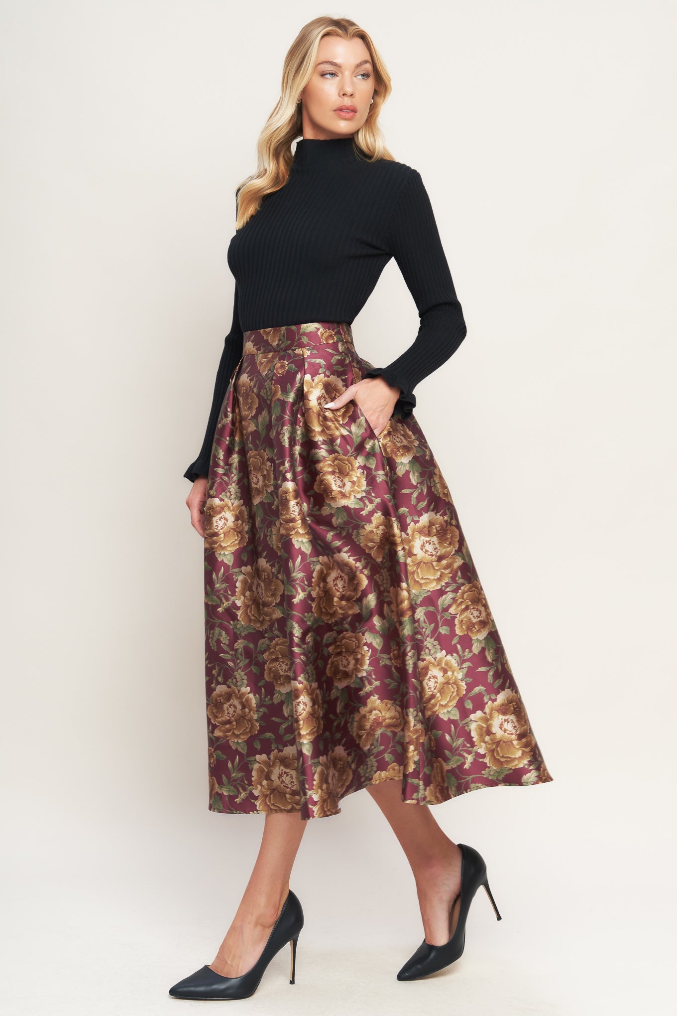 Evening Botanicals Woven Full Midi Skirt