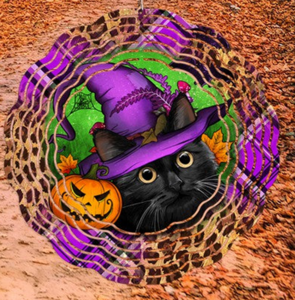 Halloween Black Cat Purple Hat with Pumpkin Wind Spinner