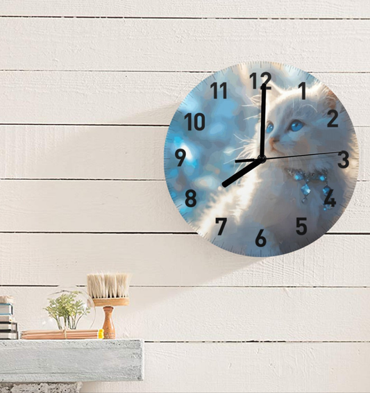 Fluffy White Kitten Printed Wall Clock (Made in USA)