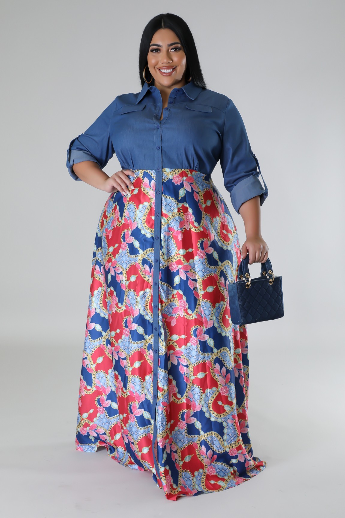 Jaccina Plus Size Denim Top Satin Skirt Maxi Dress