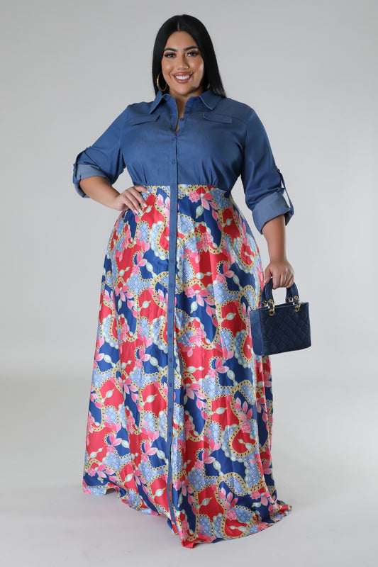 Jaccina Plus Size Denim Top Satin Skirt Maxi Dress