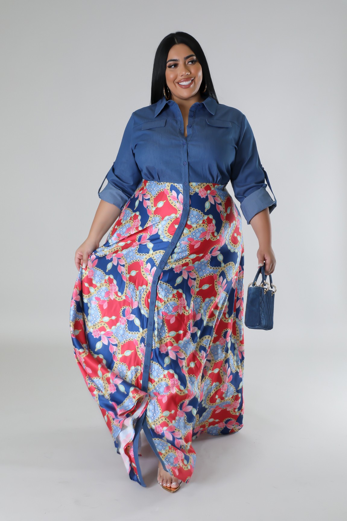 Jaccina Plus Size Denim Top Satin Skirt Maxi Dress