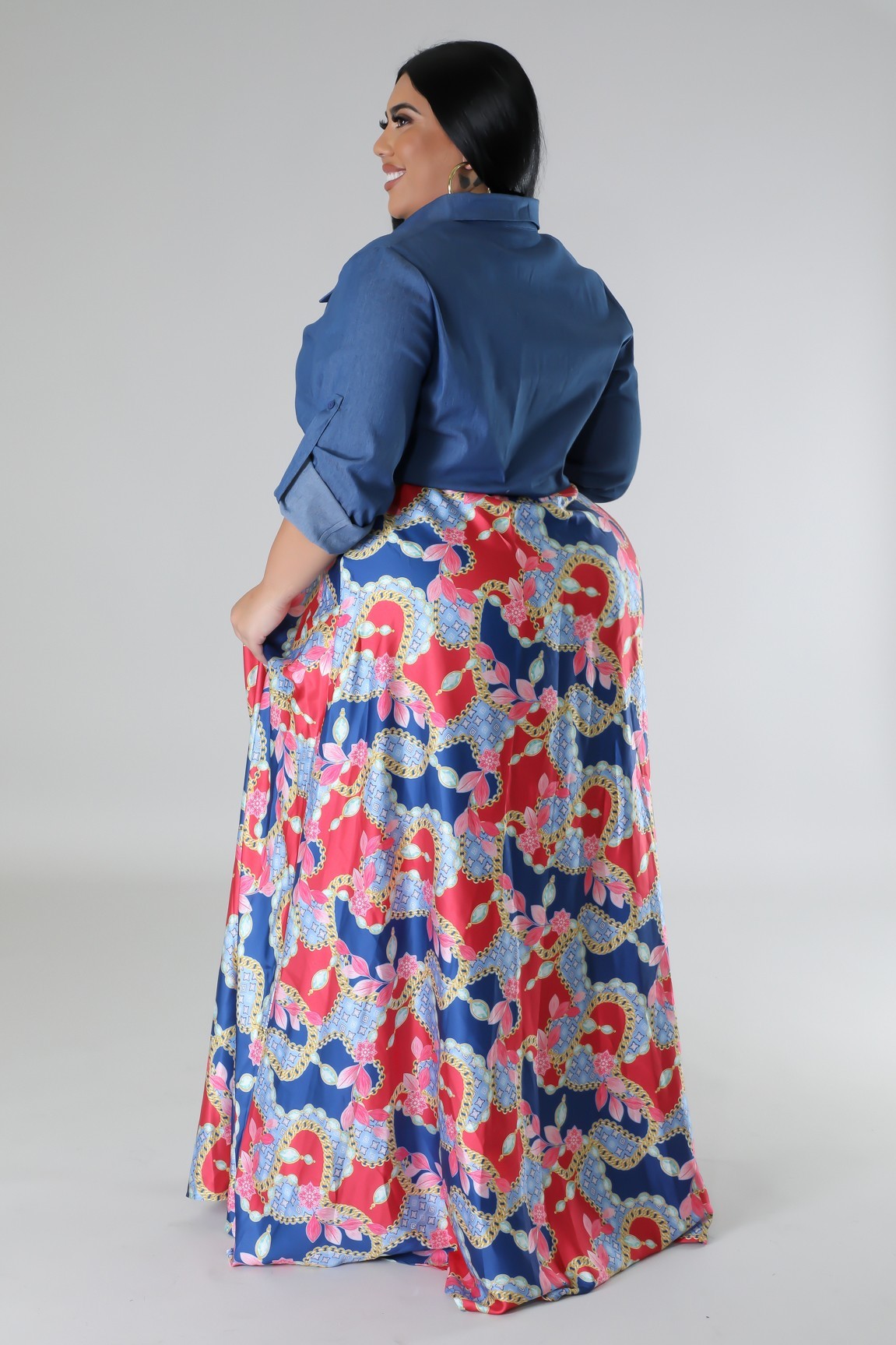 Jaccina Plus Size Denim Top Satin Skirt Maxi Dress