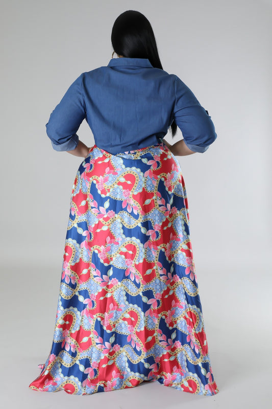 Jaccina Plus Size Denim Top Satin Skirt Maxi Dress