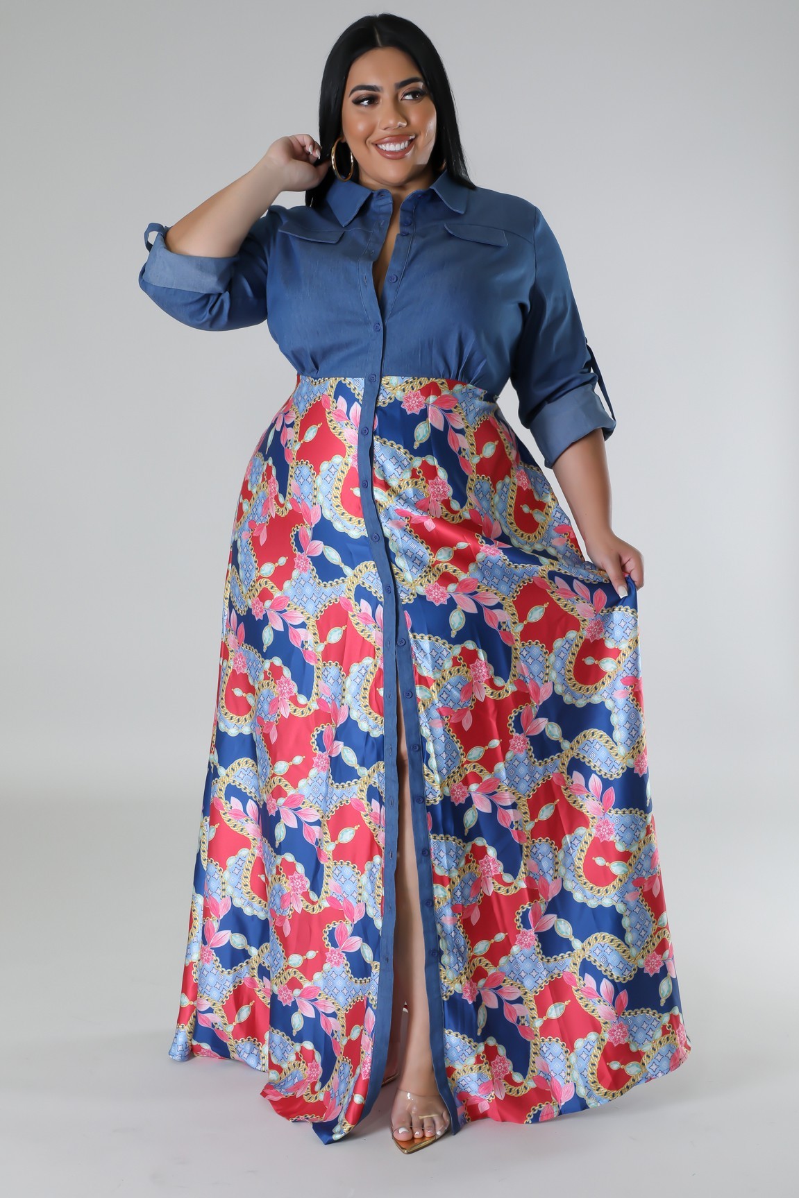 Jaccina Plus Size Denim Top Satin Skirt Maxi Dress