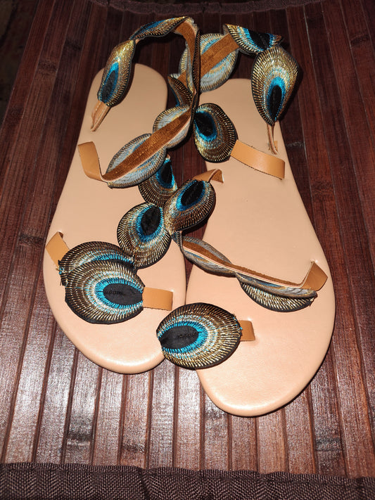 Peacock Feather Flat Sandals - size 9.5