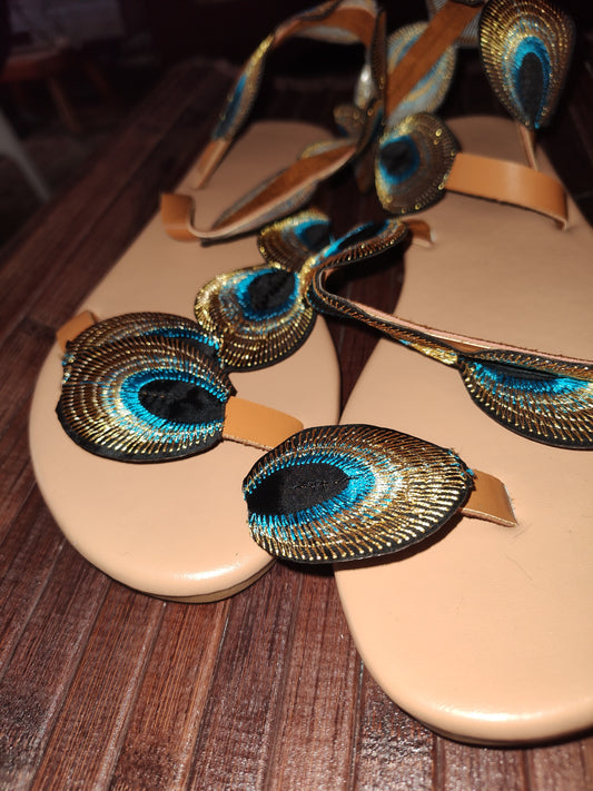 Peacock Feather Flat Sandals - size 9.5