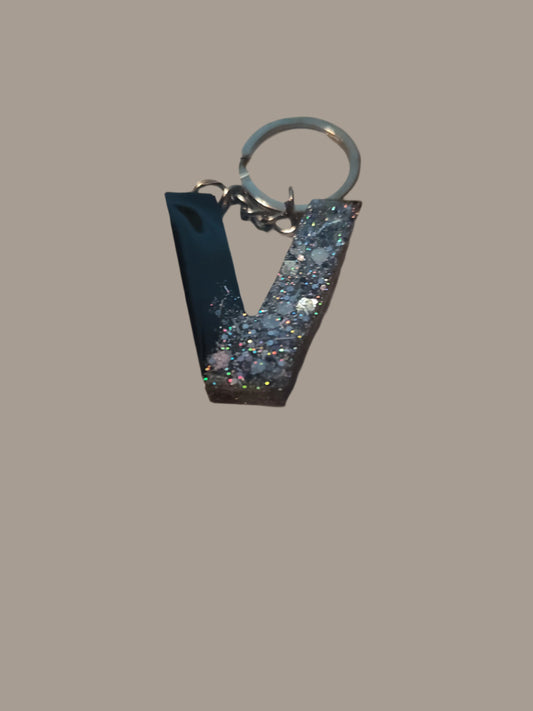 Blue Initial V Glittery Key Chain