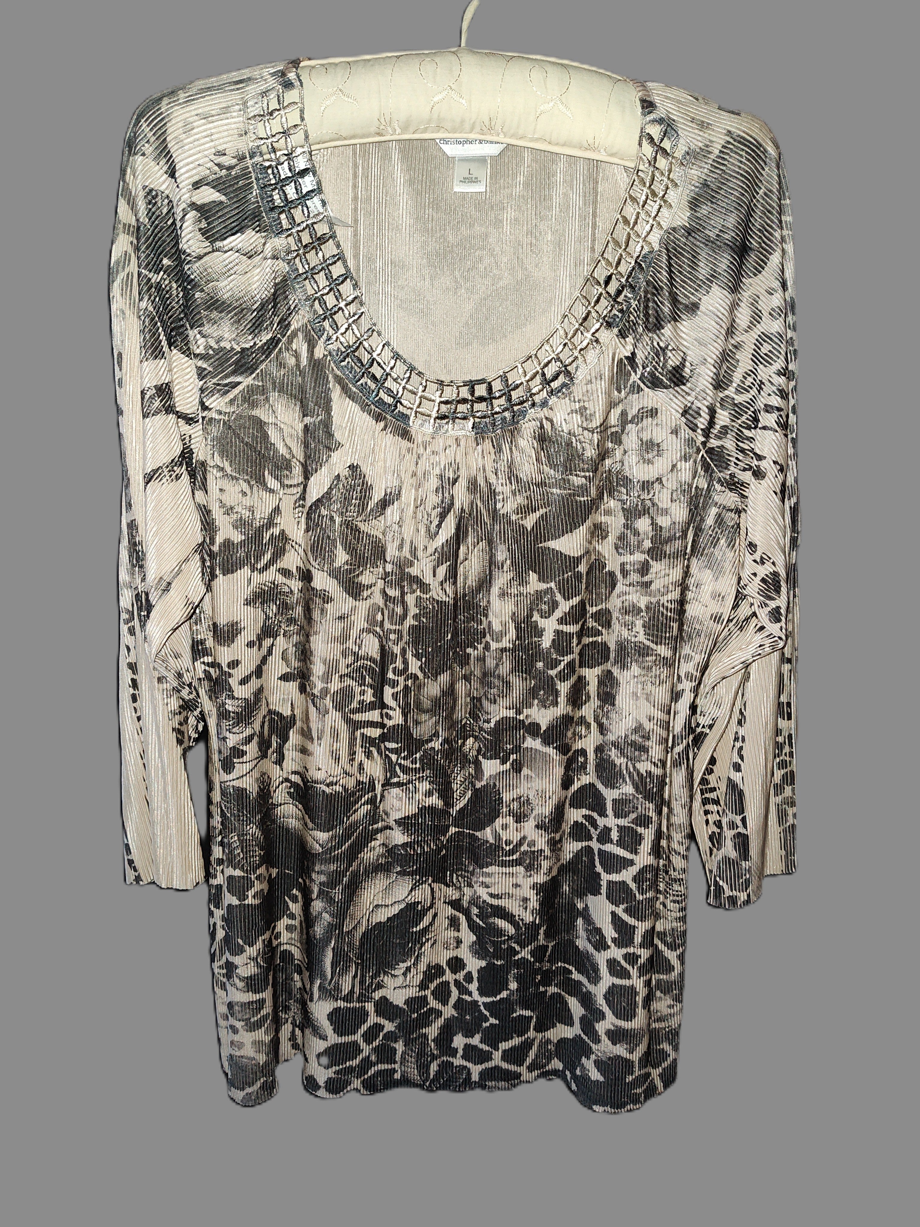 Christopher & Banks Tan & Black Floral Long Sleeve Shirt - size Large