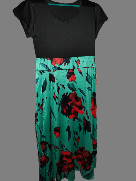 Women's Teal Floral Short Sleeve Maxi Dress - size 2XL