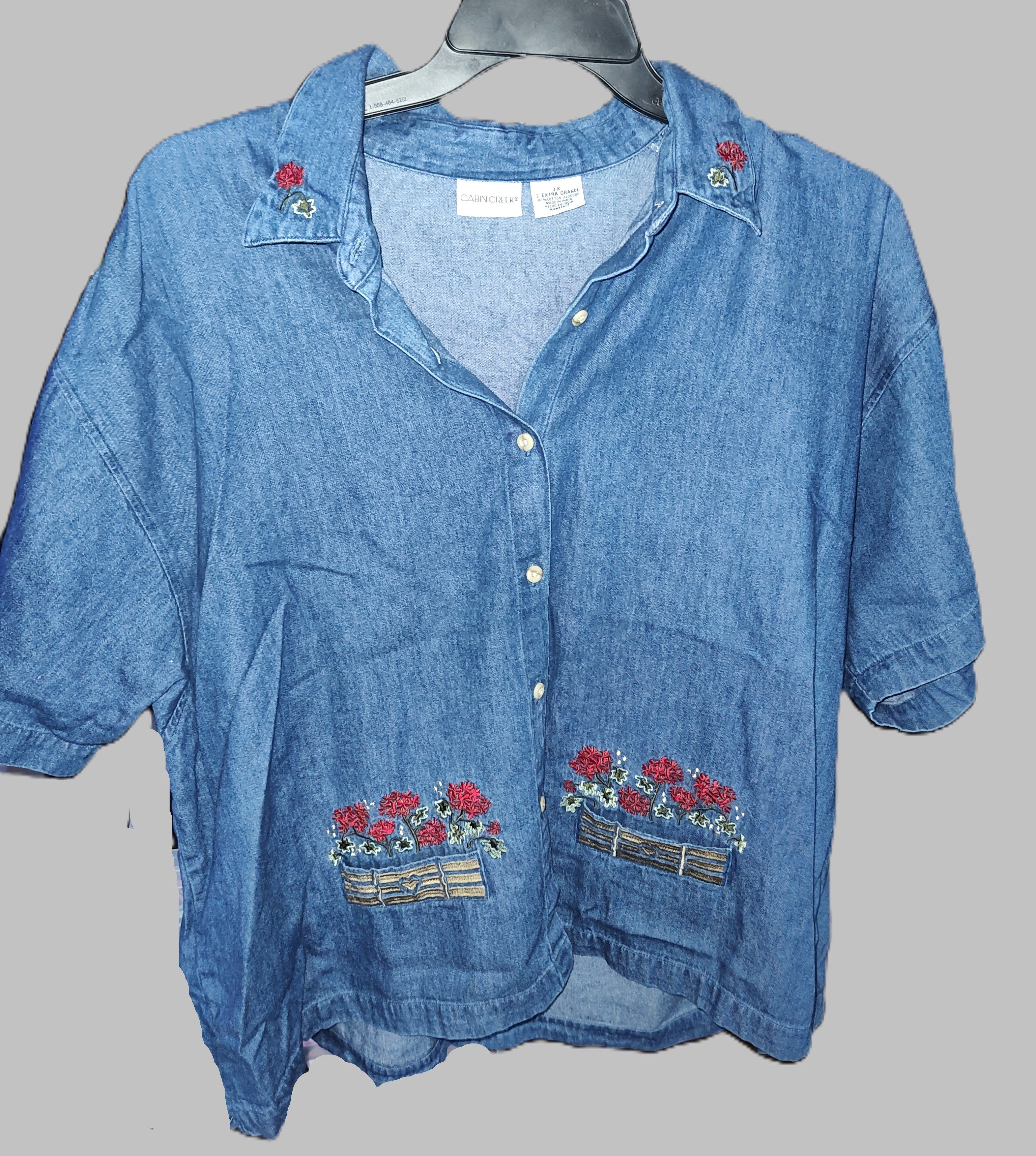 Cabin Creek with Flower Embroidered Denim Shirt - size 3XL