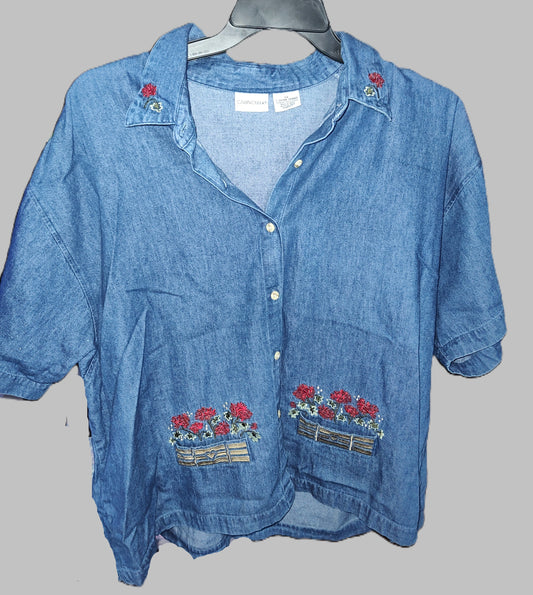 Cabin Creek with Flower Embroidered Denim Shirt - size 3XL